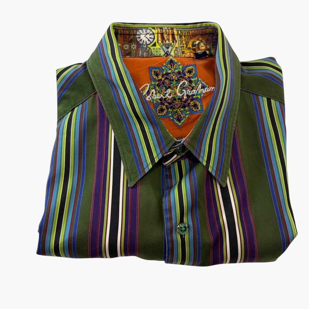 Robert Graham Mens Button Down Shirt XL Green Purple Stripe Flip Cuff L/S